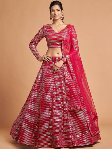 Hot Pink Thread Embroidered Net Party Wear Lehenga Choli